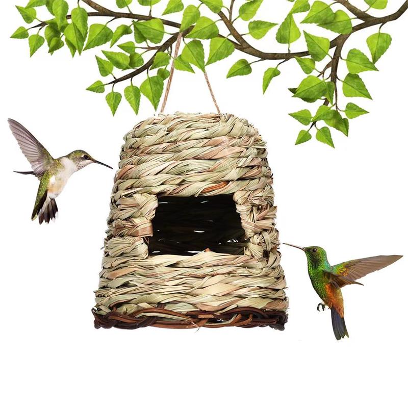 Handwoven Straw Birdhouse - Terrace Natural Nest Box with Straw Roof, Durable Indoor/Outdoor Birdcage, Suitable for Bird Lovers