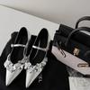 Pointed silver sequined flower Mary Jane women's shoes one-word buckle with shallow mouth French inner height increase single shoes 2025 new