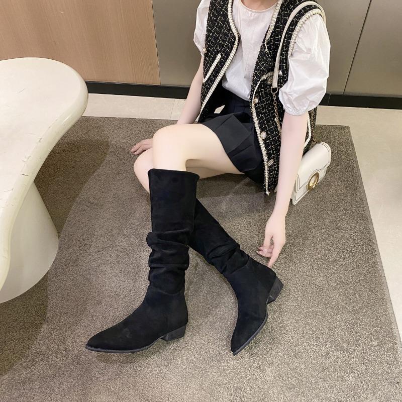 Fashion long boots women's thick legs big tube circumference flat bottom stacking boots suede pointed thin high boots