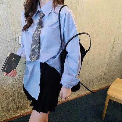 Long Sleeve Shirt Korean Loose Blouse New Blue JK Shirt Design Tie Tops