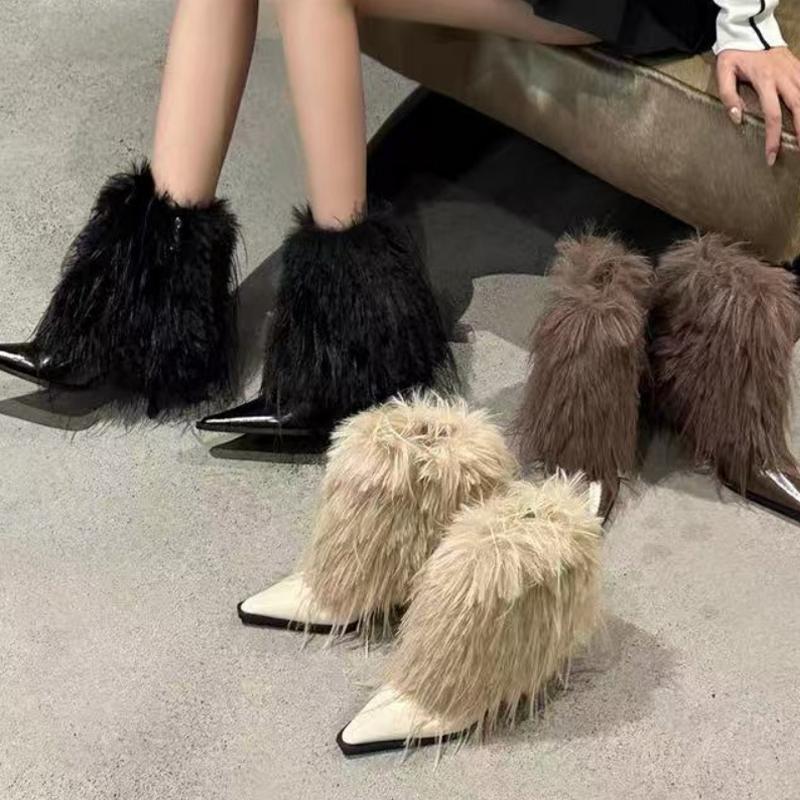 Fur Women's Ankle Boots High Heels Elegant Pointed Toe Shoes Winter  Fad Chelsea Boots New Pumps Designer Snow Mujer Botas