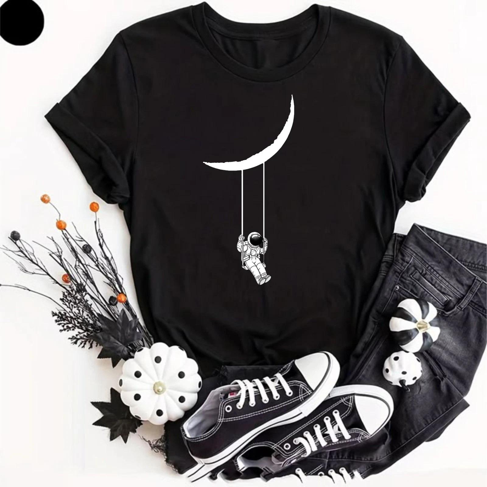 Astronaut Moon Space Swing Printed T- Shirt Lunar Eclipse Birthday Astronmy Top M