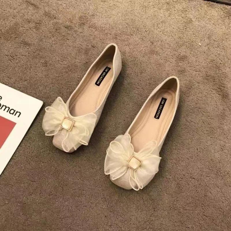 Fashion 2025 Spring Summer Shoes Women Flats Soft Elegant Woman Boat Shoes Flat Bowknot Single Black Beige Plus Size 42 D306