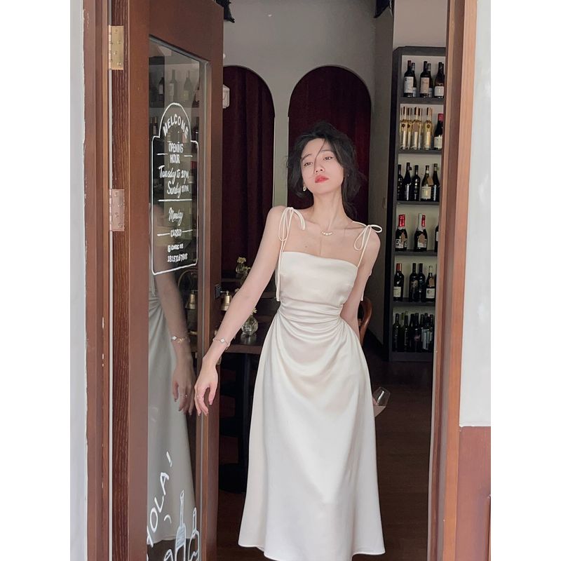 

French Style Satin Sling Dress Women s Summer Silm Midriff Outfit Fancy Niche Style Dress Travel Seaside Holiday Dress Apricot S