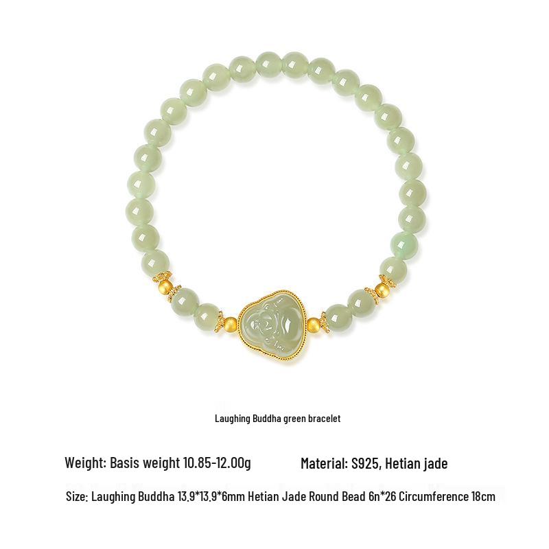 

Green Hetian Jade Laughing Buddha Bracelet with Ferris Wheel S925 Sterling Silver; Women’s Elegant, Versatile, National Style Light Luxury Jewelry. S925 Silver