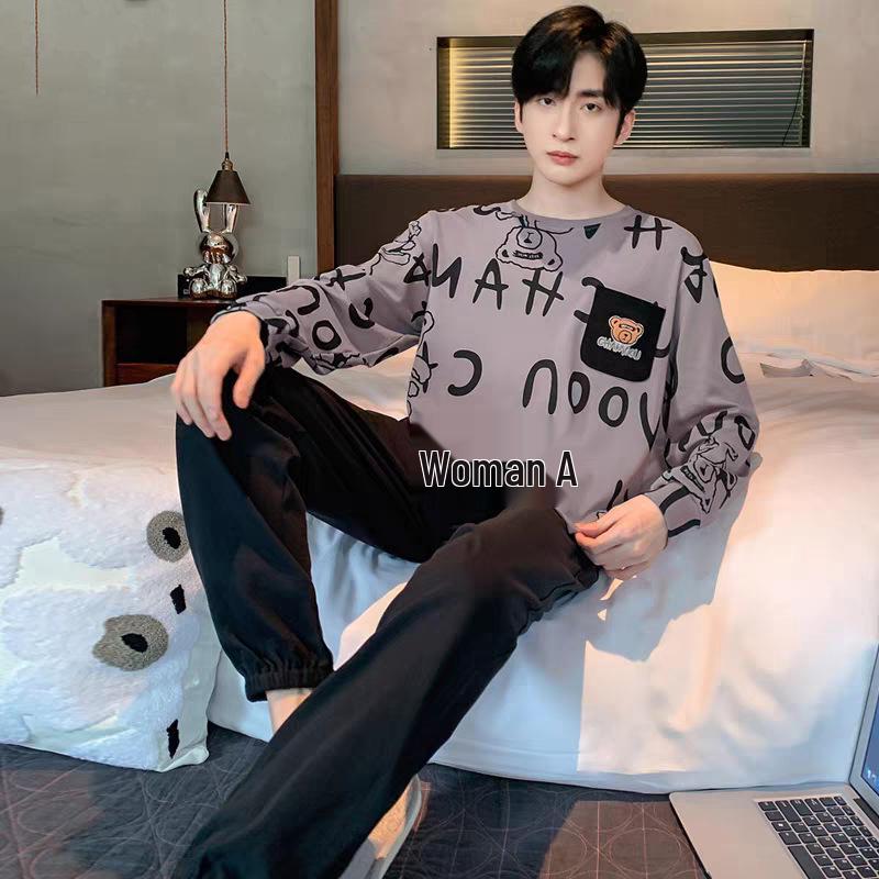 Men's Long Sleeve Pajamas Set - Spring/Autumn Style, Plus Size, Suitable for Teens and University Students, Indoor/Outdoor Wear