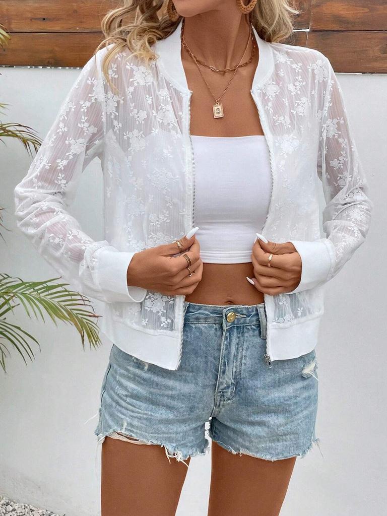 Veste Manteau Décontractée Élégante à Fermeture Éclair et Patchwork de Dentelle pour Femmes