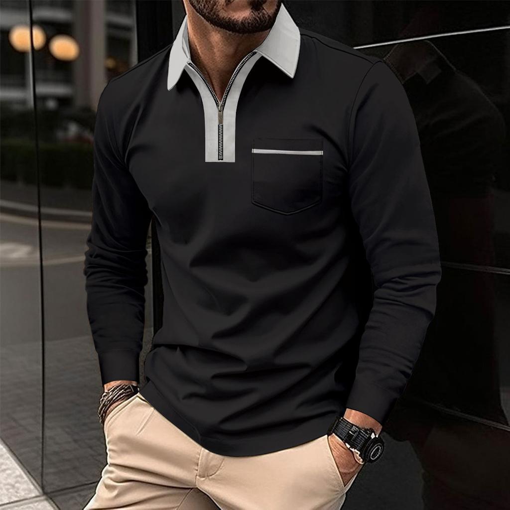 Mens Lapel Fashion Slim Pocket Zip Long Sleeve Men's T-Shirt POLO Shirt Tops