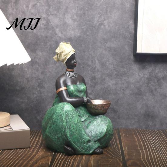 Sitting African Character Lady Figurine, Resin Ethnic Sitting/Standing Woman Statue, Hand-Painted Bohemian Home Decor for Tabletop Art Decoration