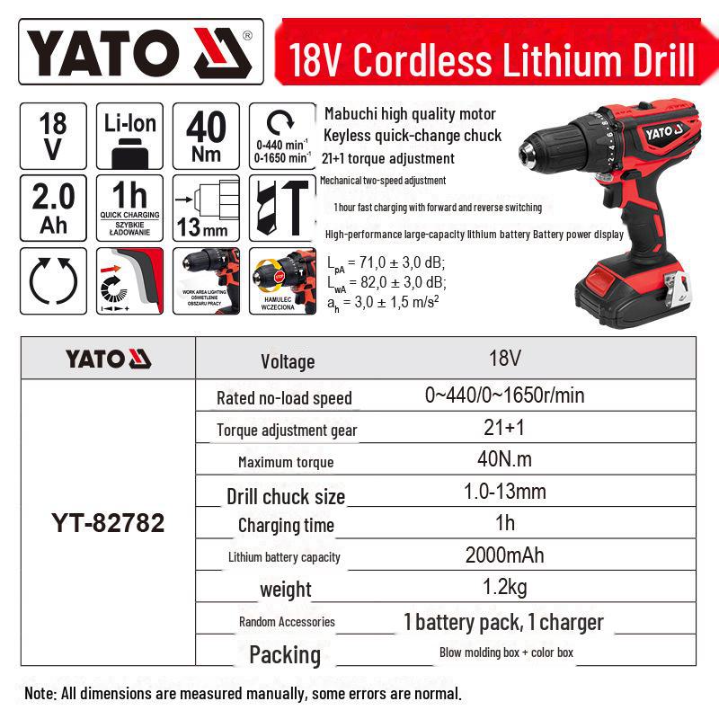 Yiertuo 18V Dual-Speed Rechargeable Electric Drill & Screwdriver