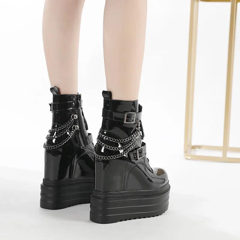 Mode 14CM Klobiger Absatz Damen Stiefeletten Leder Runde Zehenpartie Plateau Ritterstiefel Schuhe Hohe Absätze Schwarz Weiß Dicker Absatz Schnürung