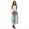 Trendy Heavy Whisker Detailed Curved Slub Fabric Loose Wide Leg Cropped Capri Denim Pants For Women Versatile Loose Straight Slimming Casual Wear