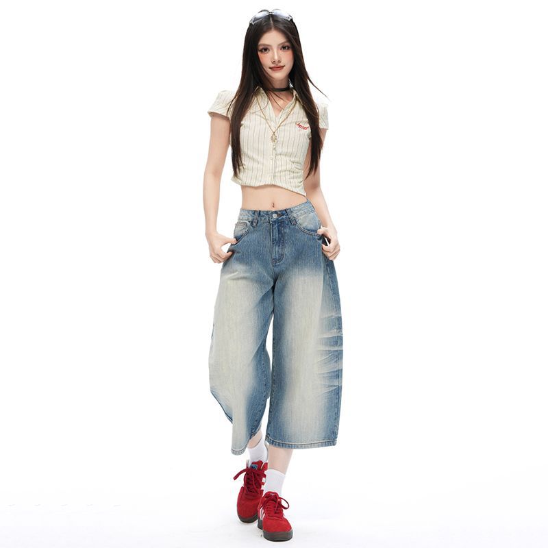 Trendy Heavy Whisker Detailed Curved Slub Fabric Loose Wide Leg Cropped Capri Denim Pants For Women Versatile Loose Straight Slimming Casual Wear