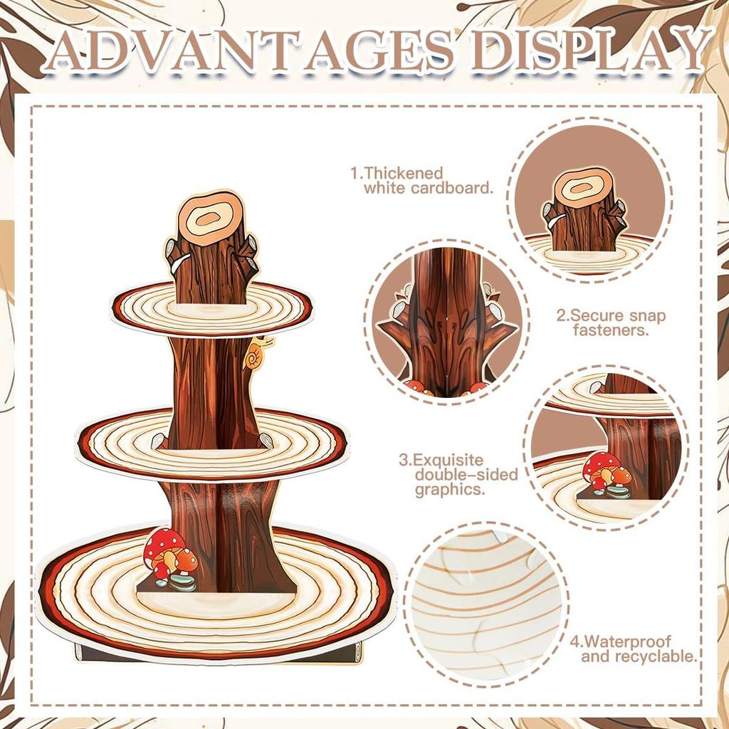 Wooden 3 Tier Cupcake Stand, Wood Style Cake Stand for Party Decorations Baby Shower Decoration, Enchanted Forest Safari Birthday Cupcake Decorations