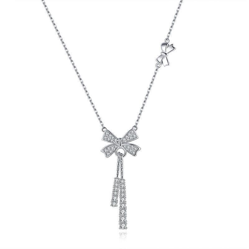 Sterling silver smart fringed bow necklace female versatile personality s925 silver pendant