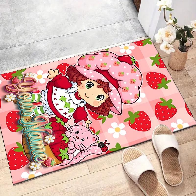 Princess Strawberry Design Area Rug Personalized Name- Non-Slip, Soft & Cozy Floor Mat for Living Room, Office - Indoor/Outdoor Carpet