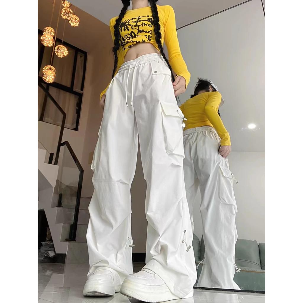 American Style Large Pocket Cargo Pants Women's Spring Summer New Style Wide Leg Pants Loose Slimming Casual Sports Pants