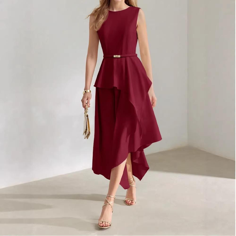 

Elegant Women s Sleeveless Ruffle Dress - Lace-up, Waist-Cinching Long Skirt Small вина червоного кольору