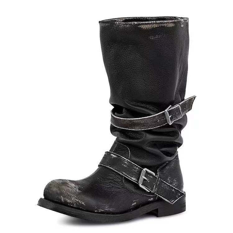 2025 Autumn/winter New Long Leg Women's Boots Round Toe,Pleated Belt Buckle Thick Heel, Western Cowboy Boots, Mid Women Boots