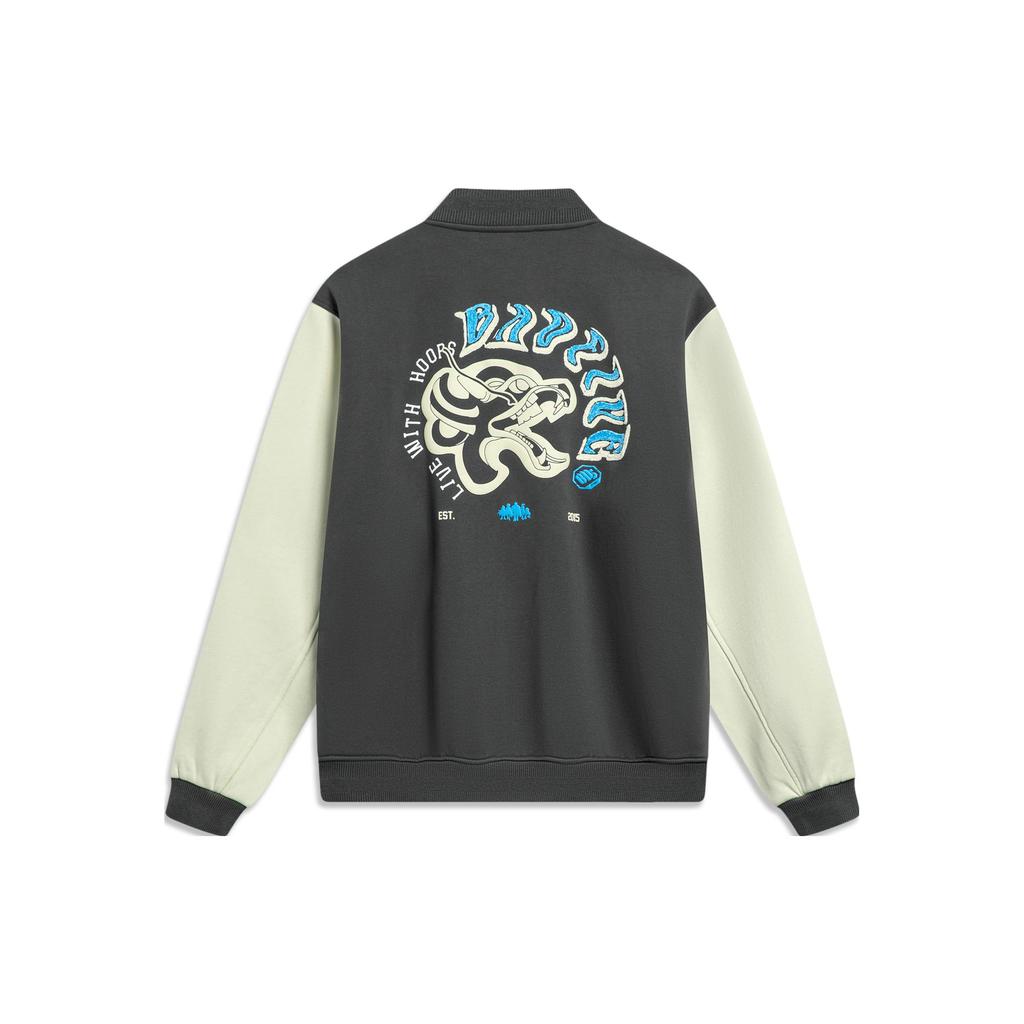 Li Ning Basketball Collection, Letter Print Baseball Collar Fleece Lined Jacket Men's Obsidian Gray AJDU007-5