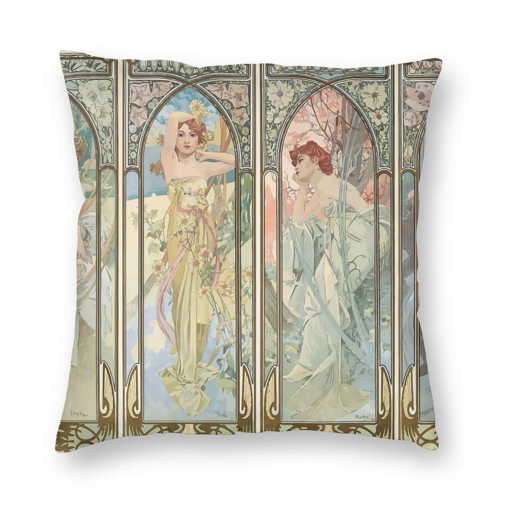 Alphonse Mucha Times Of The Day Square Pillowcase Polyester Linen Velvet Pattern Zip Decor Home Cushion Cover x