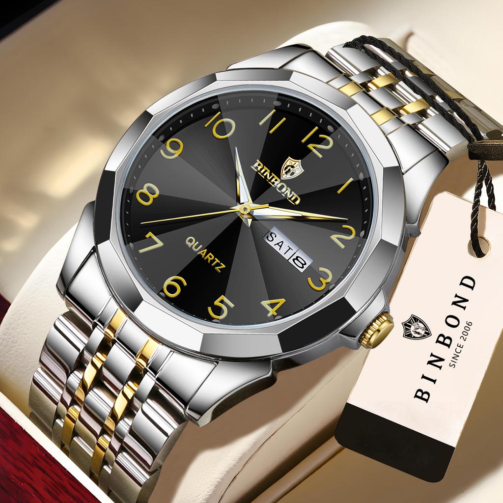 BINBOND Men's Quartz Watch Luxury Sturdy Luminous Waterproof Week Display Auto Date Accurate Stainless Steel Reloj