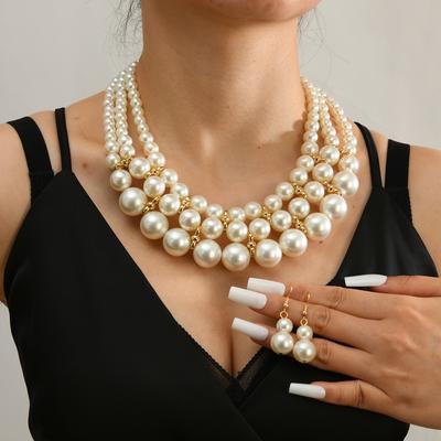 Bridal Wedding Zircon Set New Fashion Multi Layer Handmade Imitation Pearl Necklace and Earrings Women's Party Accessories