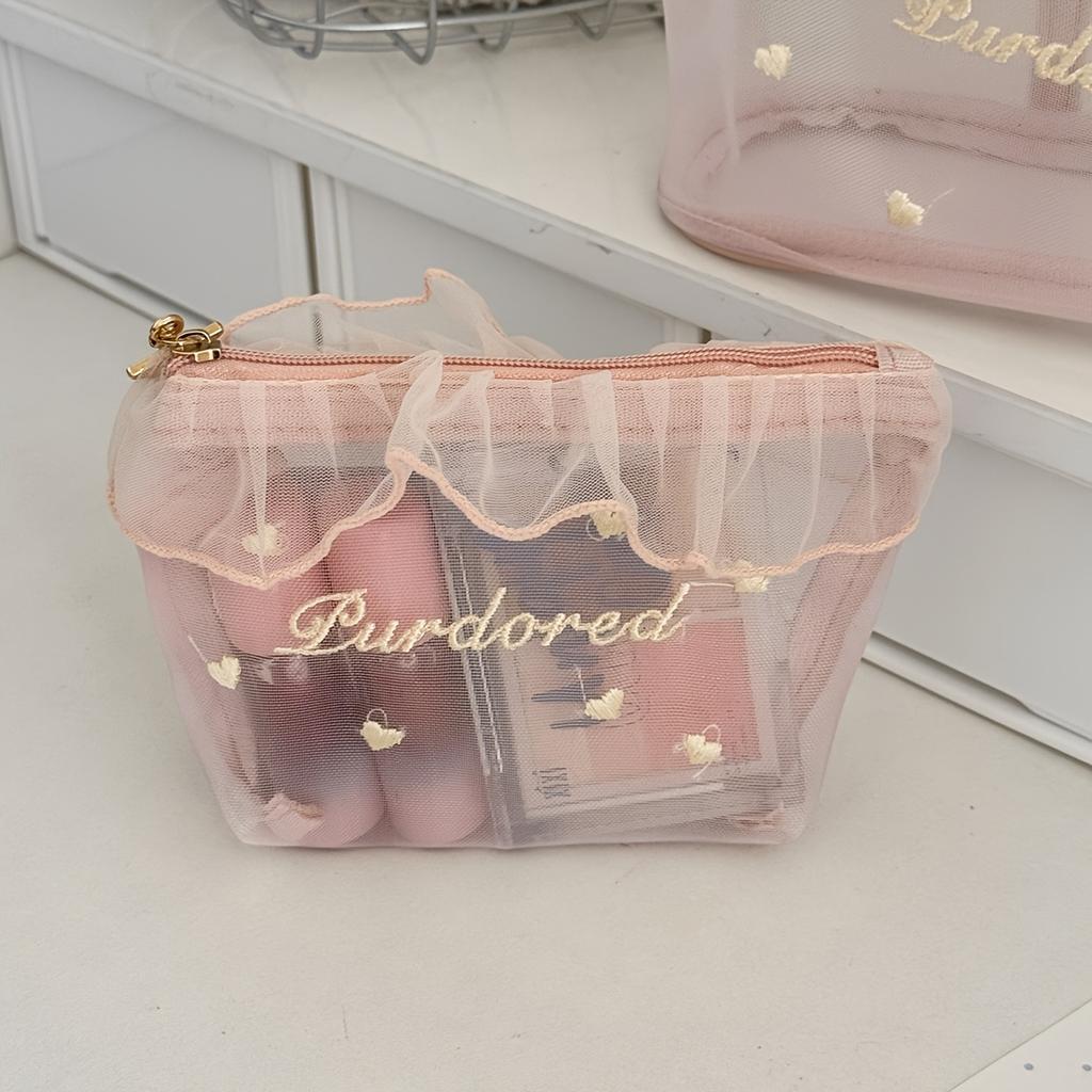 Cute Ruffle Love Embroidery Mesh Makeup Bag, Lightweight Portable Travel Cosmetic Storage Pouch