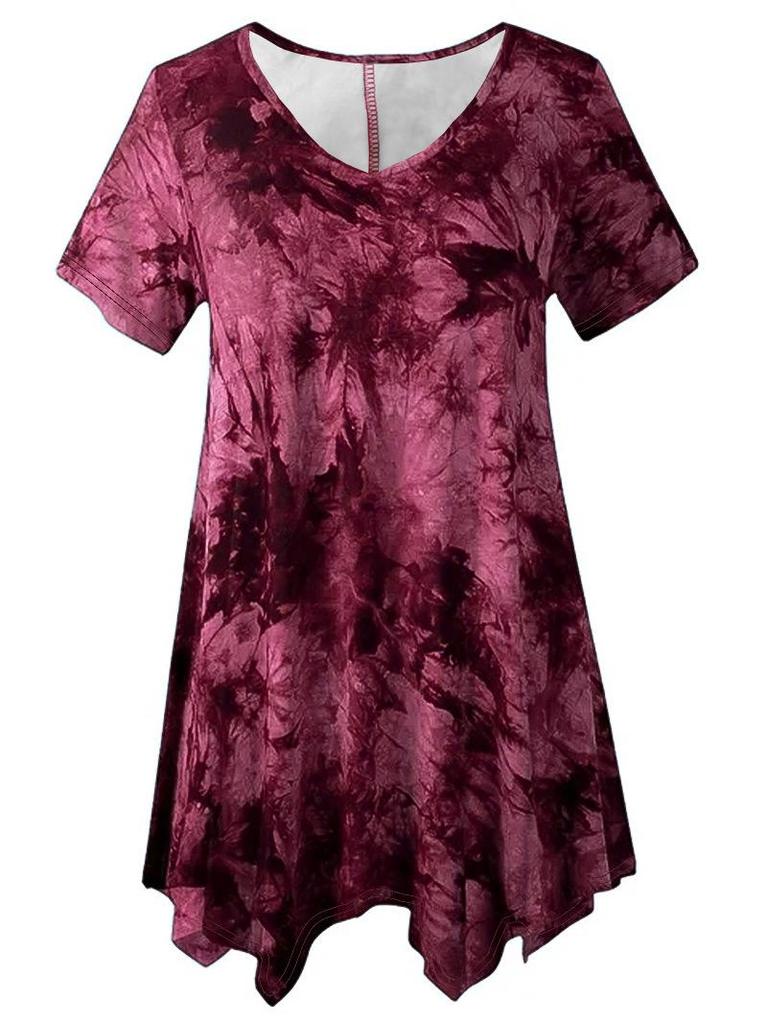 Women's Plus Size Tie-dye V-neck Irregular Hem Short Sleeve Loose Top