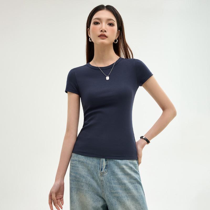 Front Shoulder Short-sleeved Shirt Women's Spring and Summer New Solid Color Versatile Simple Round Neck Slim-fitting Inner Top