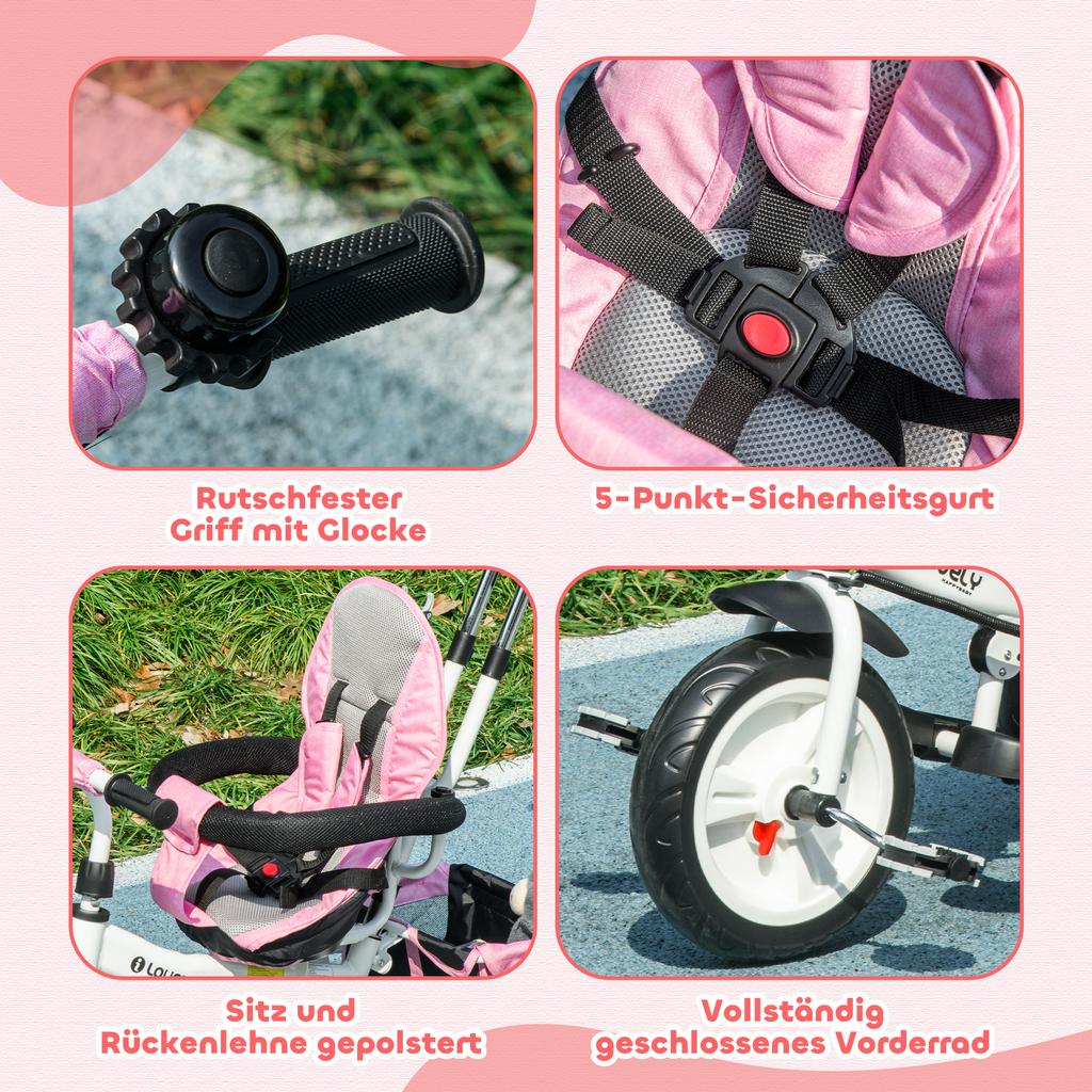 6 In 1 Kids Trike Push Bike W/ Push Handle, Canopy, 5-point Seat Belt, Storage, Footrest, Brake, for 1-5 Years, Pink