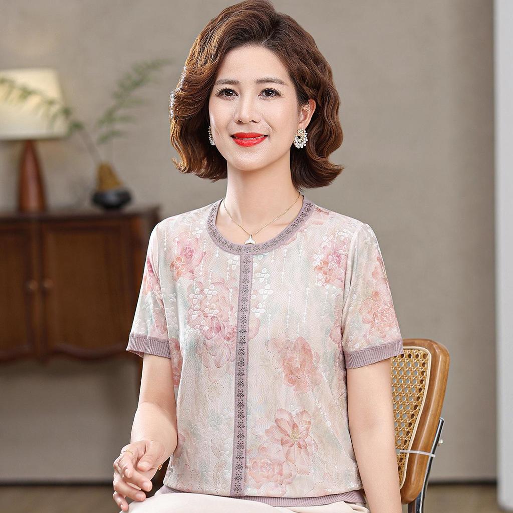 2026 Summer Ice Silk Short Sleeve T-shirt for Moms - Fashionable Loose Top for Middle-aged and Elderly Women