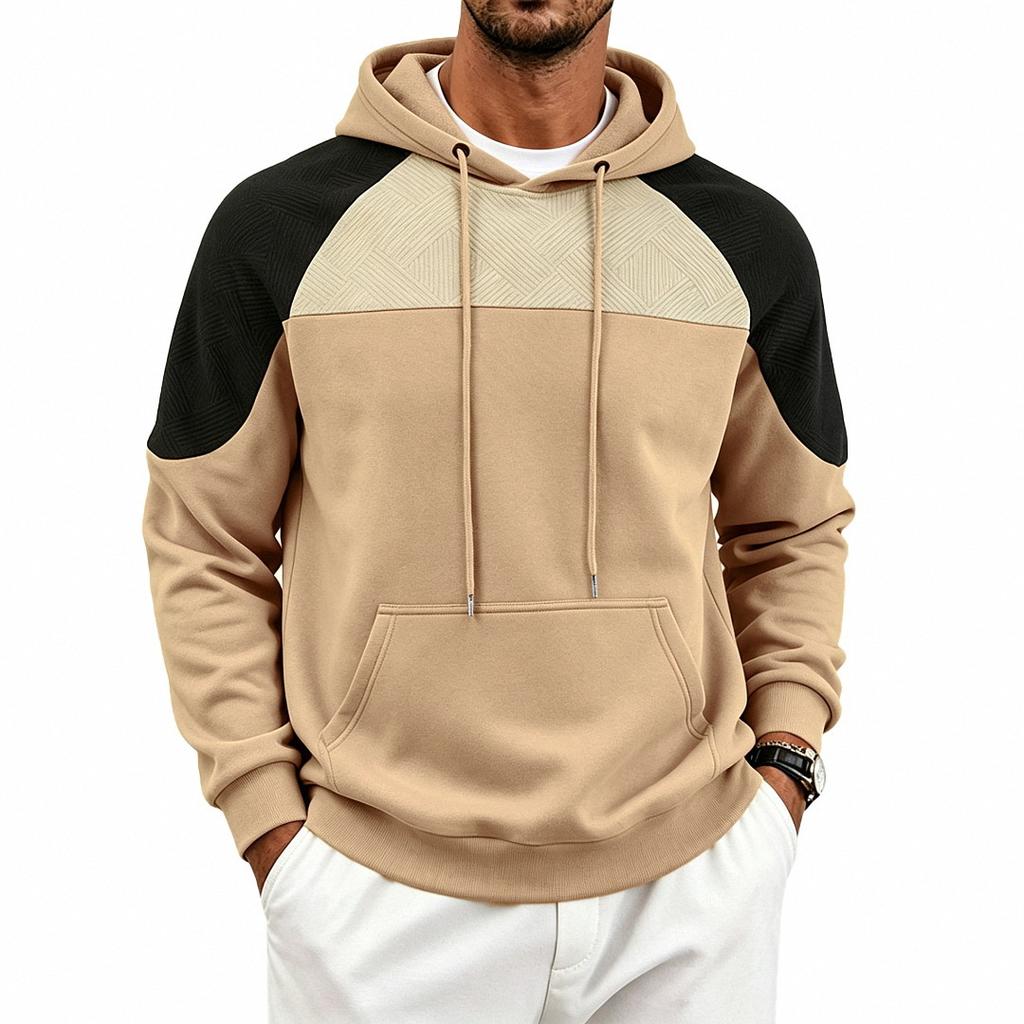 Men's Color Block Raglan Hoodie, Contrast Spliced Textured Long Sleeve Drawstring Pullover Hooded Sweatshirt with Kangaroo Pocket