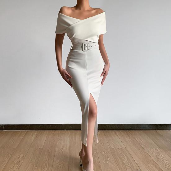 Vestido Feminino Elegante Ombro a Ombro Manga Curta Cinto Envolvente Quadril Cor Sólida