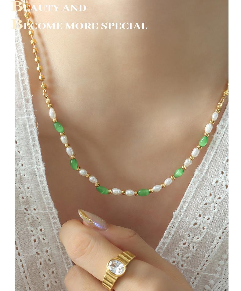 Trendy Thai Green Cat's Eye & Freshwater Pearl Beaded Necklace in Titanium Steel