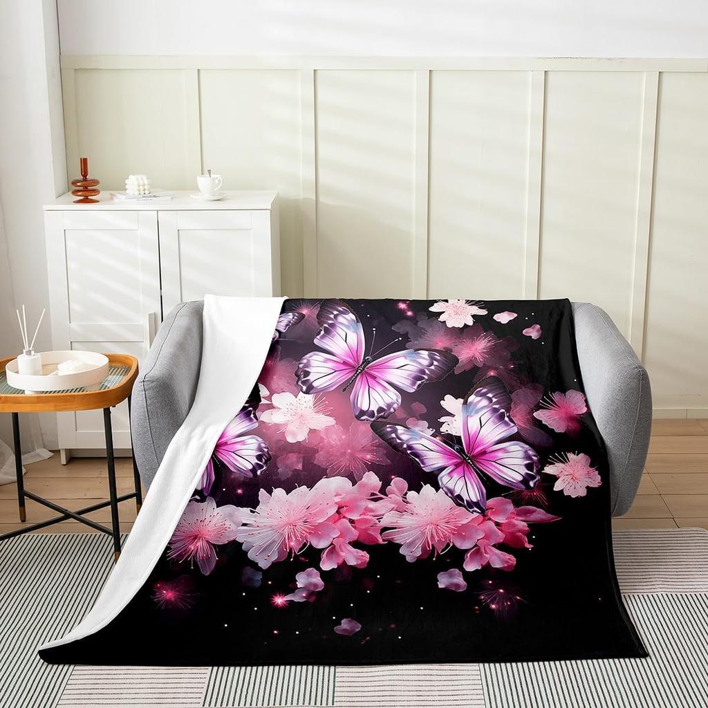 Japanese Style Blanket White Black Crane Throw Blanket Cherry Blossoms Fleece Twin Geometric Plaid Fuzzy Blanket All
