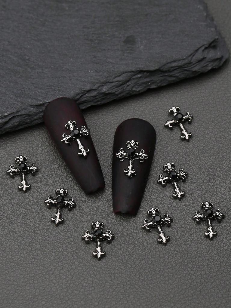 10pcs Gold SilverCross Nail Charms 3D White Pink Rhinestones Nail Art Decorations DIY Nail Gems Nail Supplies