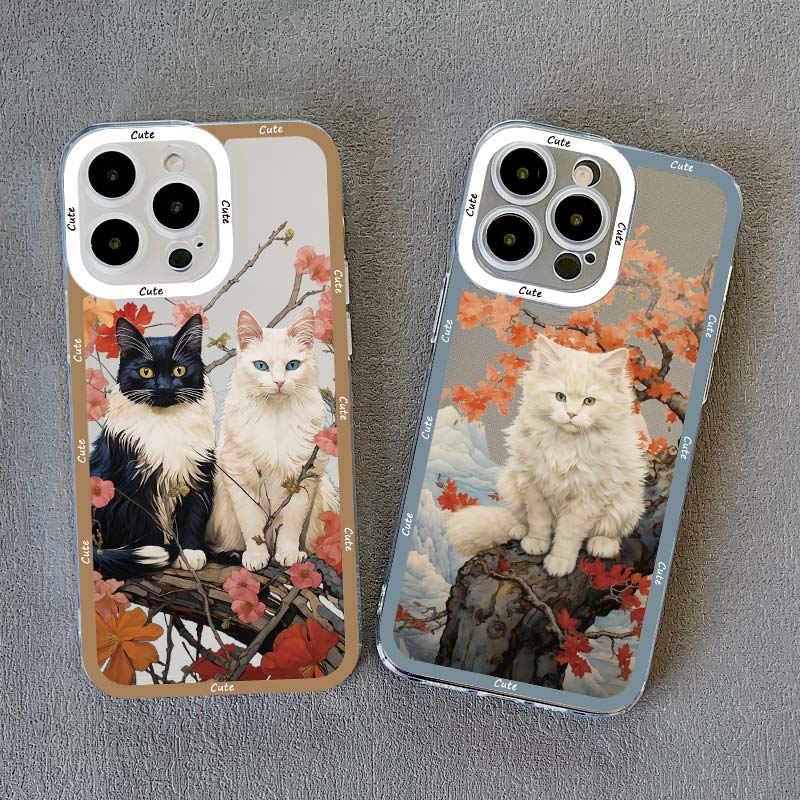 Painted Plum Blossom Flower Cat Clear Phone Case For iPhone 11 12 13 Pro Max 14 15 Pro Max Plus XS XR X Transparent Back Cover