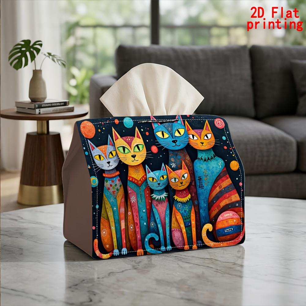 2D Flat 1pc, Tissue Box. Multi-Colored Cat Art Painting Pattern Napkin Paper Dispenser, Reusable, Daily Desktop Tissue Storage Box, Suitable for Kitch