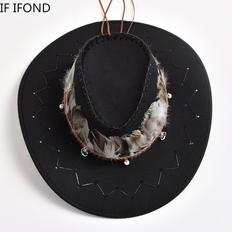 Retro Feather Western Cowboy Hats for Men Women Faux Suede Wide Brim Cowgirls Jazz Cap Outdoor Travel Sun Hat
