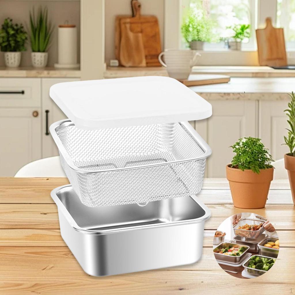 Stainless Steel Food Container with Strainer Colander Set Fridge Organizer Bin for Lettuce