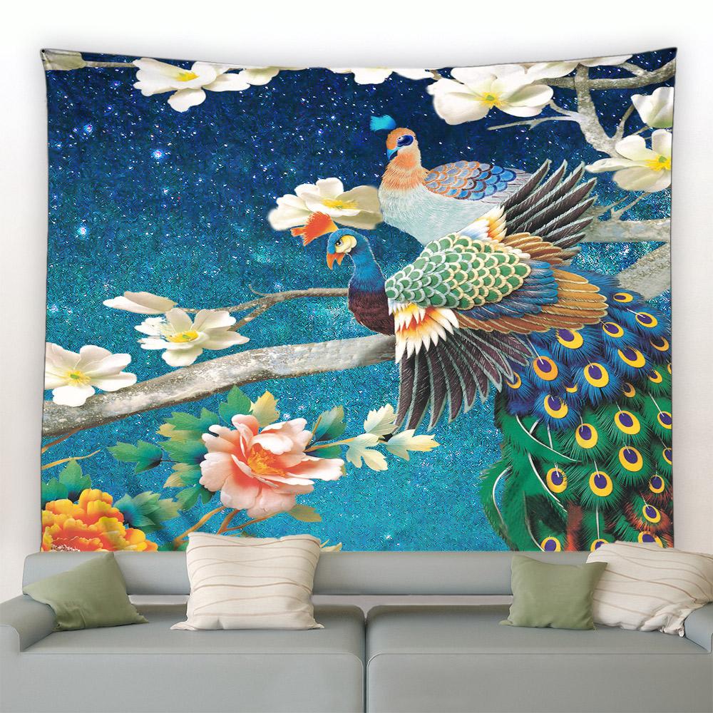 Cute Peacock Tapestry Peony Flower Butterfly Bird Wall Hanging Chinese Landscape Painting Tapestry for Living Room Bedroom Decor
