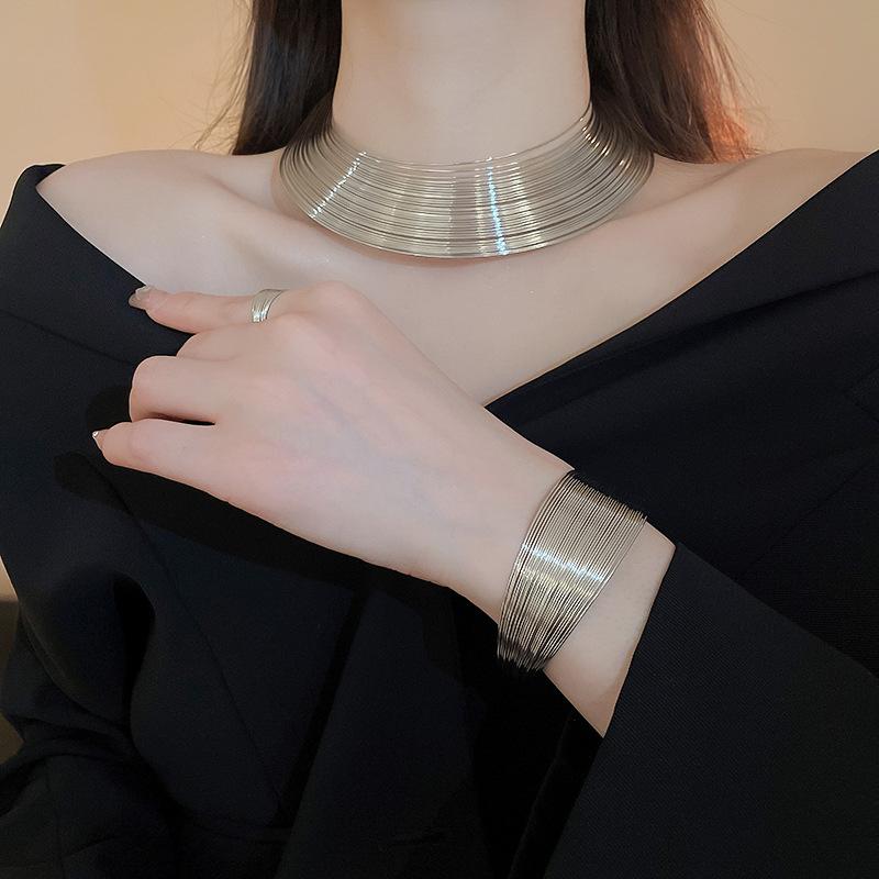 New 4 Pcs Metal Gold Color Geometric Multi-layer Necklaces for Women Heavy Industry Bangles Round Earrings Fashion Zircon Sets