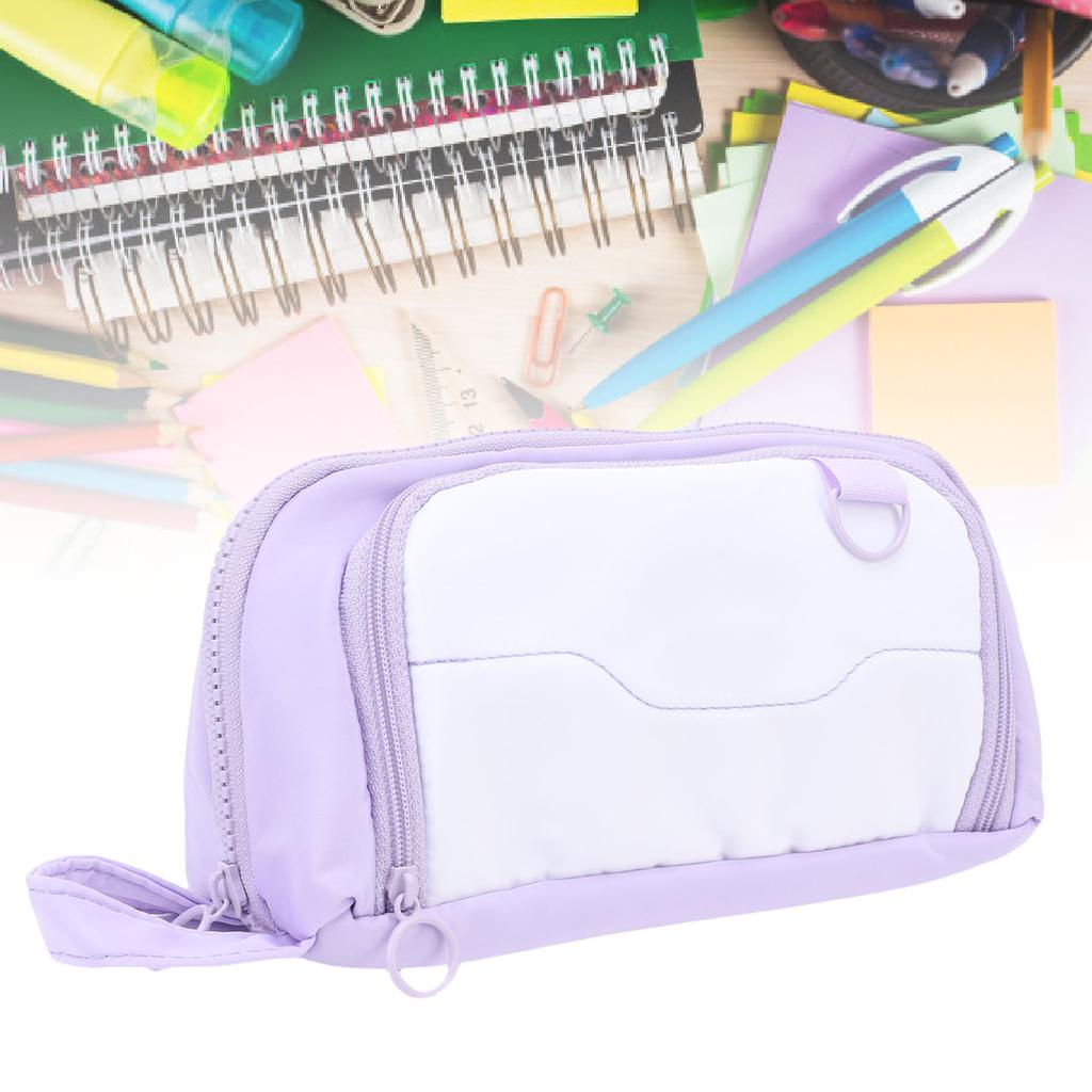 Pen Bag Large Capacity Students Handheld Portable 3 Compartments Travel Storage Organizer Purple