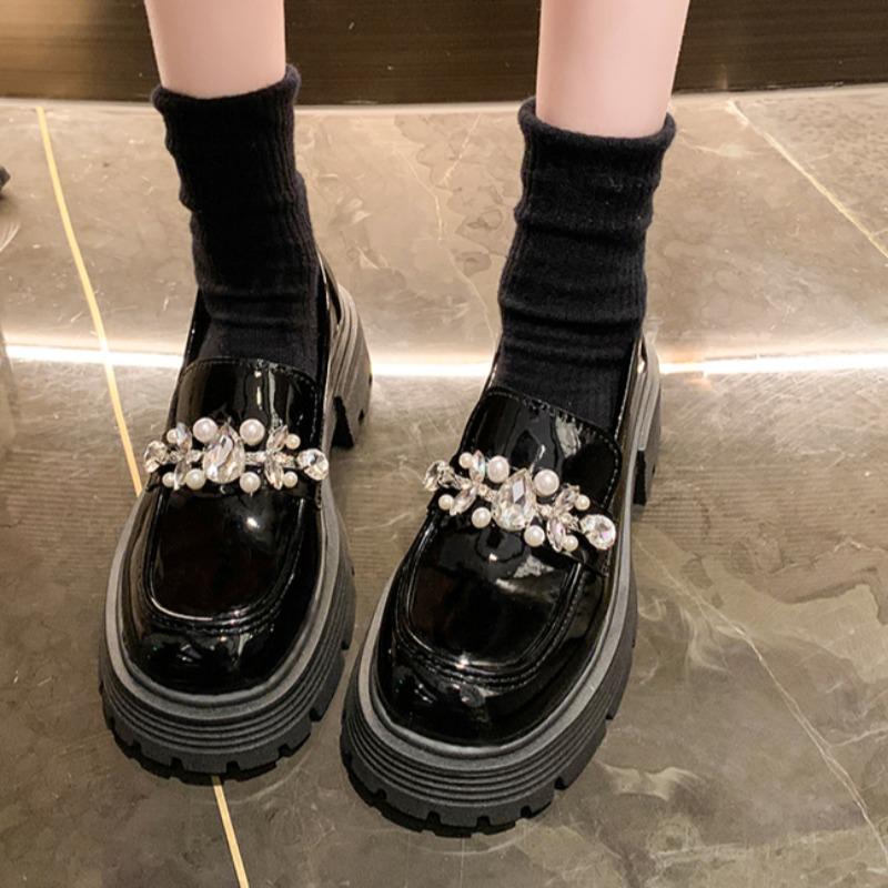 Spring Chunky Single Shoes Women Fashion Round Head Deep Mouth Crystal Buckle Set Foot Soft Sole Mid-Heel Shoes
