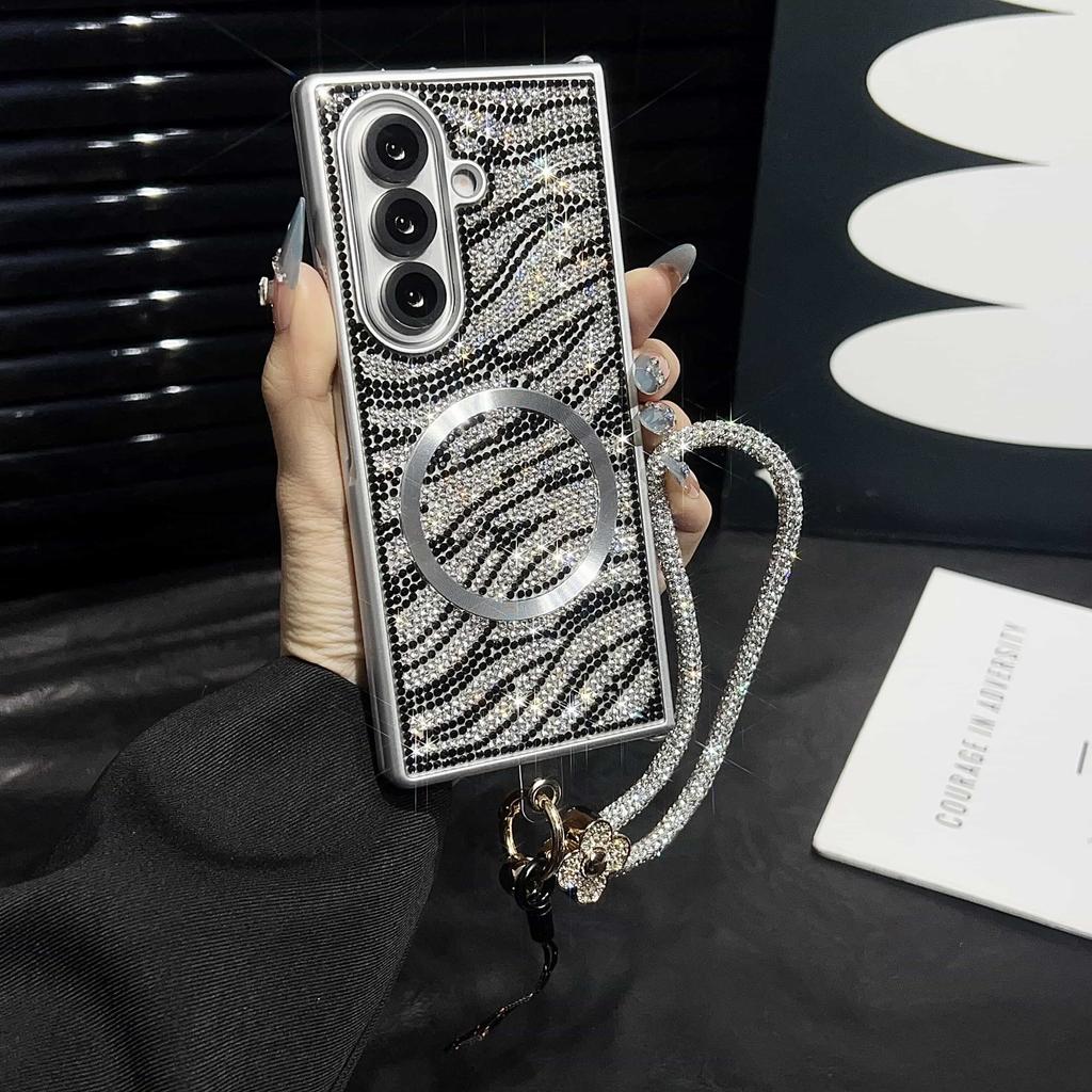 Case for Samsung Galaxy Z Fold7/ 6/ 5/ 4/ 3 with Magsafe Wrist Strap & Crystal Decor Cover Phone Bumpers