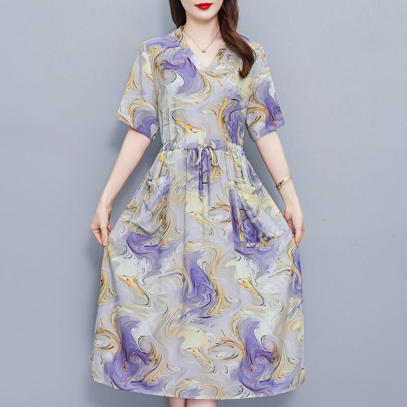 Elegantes Sommerkleid für Damen Vintage Kleidung Übergröße Lässig Kurzarm Langes Kleid