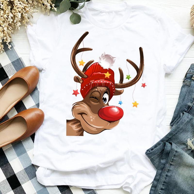 Women Lady Deer Animal Cartoon Print Printing Merry Christmas Womens Clothes Shirt T Tee For Tshirt