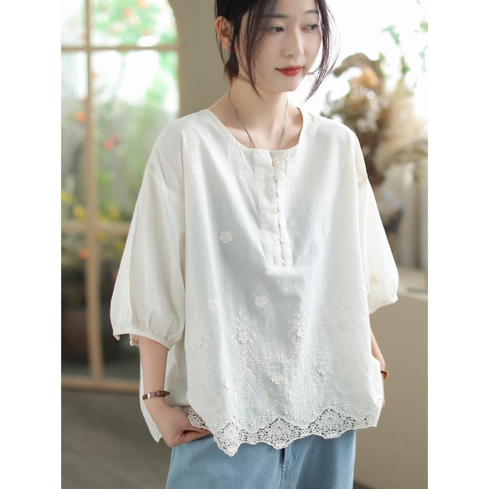 Dimanaf 2025 Women T-shirt Summer Shirt Lace White Blouse Short Sleeve Buttons Fashion Tops Tees Loose White Tees New