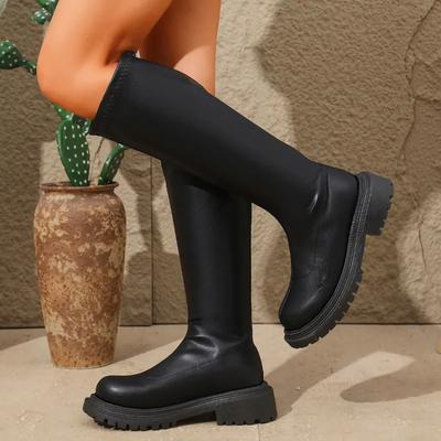 Chaussures pour femmes 2024 Vente chaude Bottes pour femmes à fermeture éclair arrière Mode Bout rond Bottes modernes Femmes Hiver Grandes tailles Unies Bottes hautes